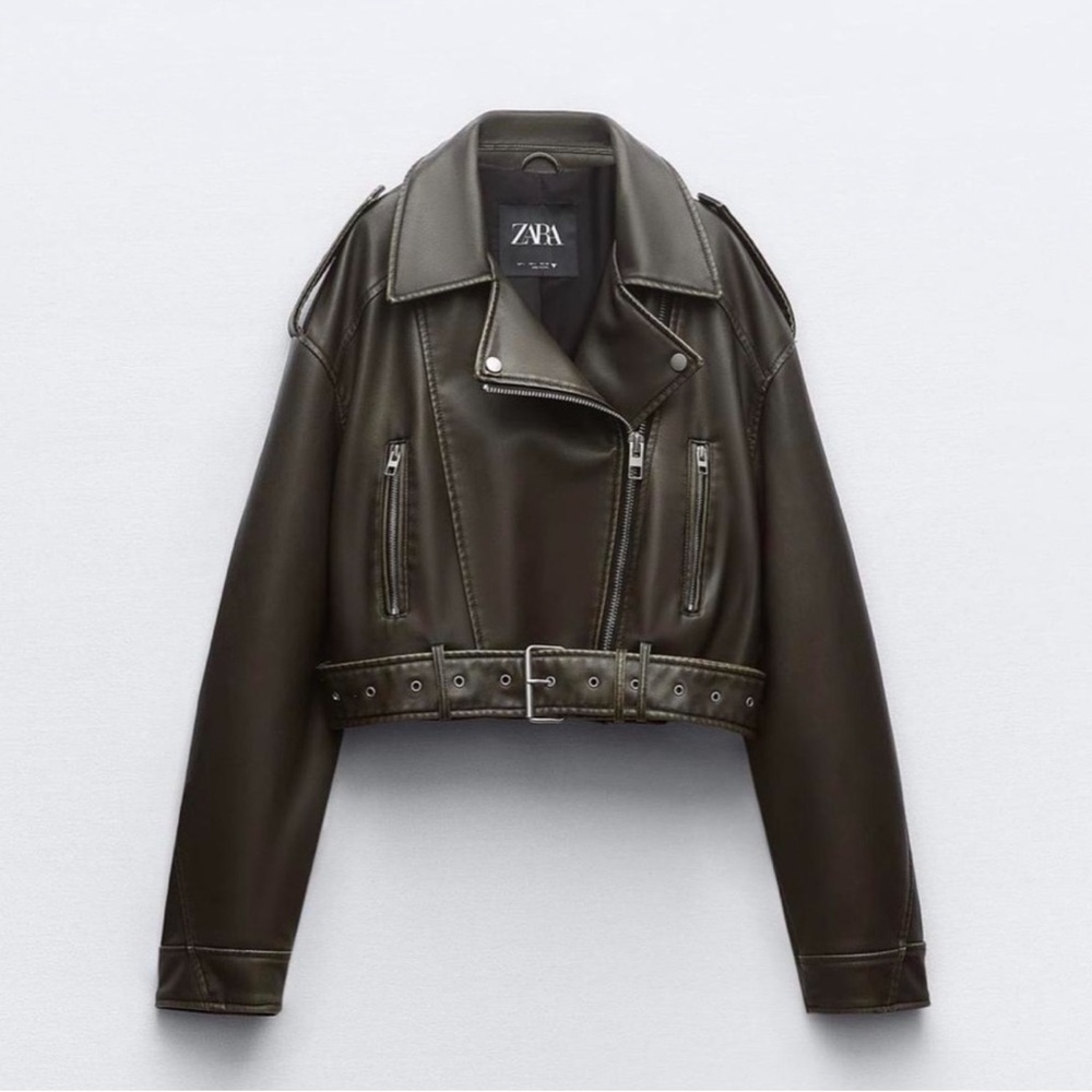 Zara Women's olive Brown Faux Leather Jacket